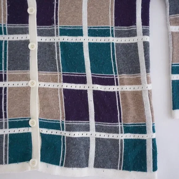 Alfred Dunner Cream Multi Cotton Plaid Knit Button Cardigan Preppy M - Picture 6 of 10